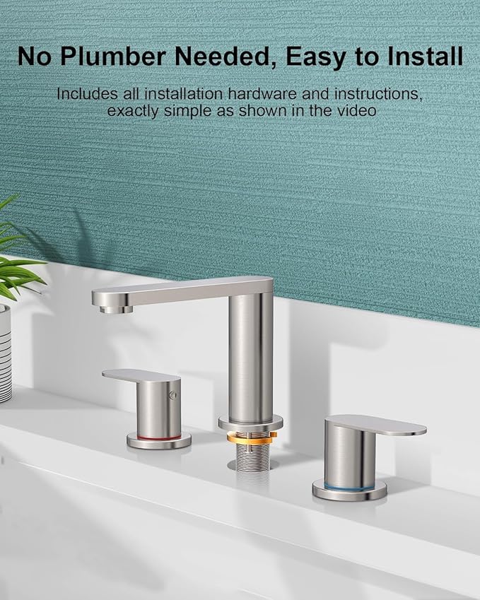BWE 2 Pack Brushed Nickel Bathroom Faucet for Sink 3 Hole, Stainless Steel Widespread Bathroom Faucets with Pop-up Drain and Supply Lines, 360° Swivel Spout 2-Handle Bathroom Sink Faucet for Vanity