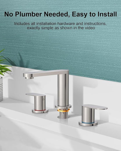 BWE 2 Pack Brushed Nickel Bathroom Faucet for Sink 3 Hole, Stainless Steel Widespread Bathroom Faucets with Pop-up Drain and Supply Lines, 360° Swivel Spout 2-Handle Bathroom Sink Faucet for Vanity