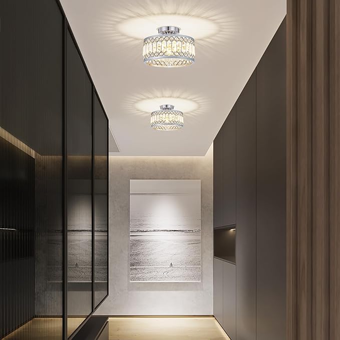 Pevfah Crystal Chrome Ceiling Light, Modern Semi Flush Mount Ceiling Lighting Fixture, Round Hallway Lighting Fixtures for Entryway Kitchen Bedroom Laundry Room, 1-Light, 11.4 Inch
