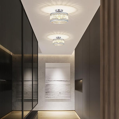 Pevfah Crystal Chrome Ceiling Light, Modern Semi Flush Mount Ceiling Lighting Fixture, Round Hallway Lighting Fixtures for Entryway Kitchen Bedroom Laundry Room, 1-Light, 11.4 Inch
