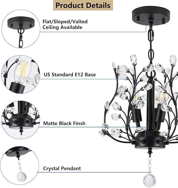 Small Black Crystal Chandelier, Farmhouse 3-Light Branch Crystal Pendant Light with 47.2'' Adjustable Chain, Vintage 13.8'' Ceiling Hanging Light Fixture for Dining Room, Kitchen, Entryway