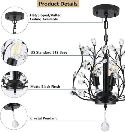 Small Black Crystal Chandelier, Farmhouse 3-Light Branch Crystal Pendant Light with 47.2'' Adjustable Chain, Vintage 13.8'' Ceiling Hanging Light Fixture for Dining Room, Kitchen, Entryway