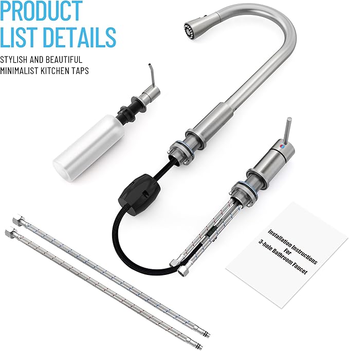 3 Hole Kitchen Faucets, Brushed Nickel Kitchen Faucet with Soap Dispenser, Kitchen Faucets with Pull Down Sprayer and Single Side Handle 3 Pieces, Stainless Steel High Arc Kitchen Sink Faucet