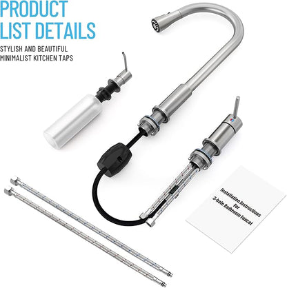 3 Hole Kitchen Faucets, Brushed Nickel Kitchen Faucet with Soap Dispenser, Kitchen Faucets with Pull Down Sprayer and Single Side Handle 3 Pieces, Stainless Steel High Arc Kitchen Sink Faucet