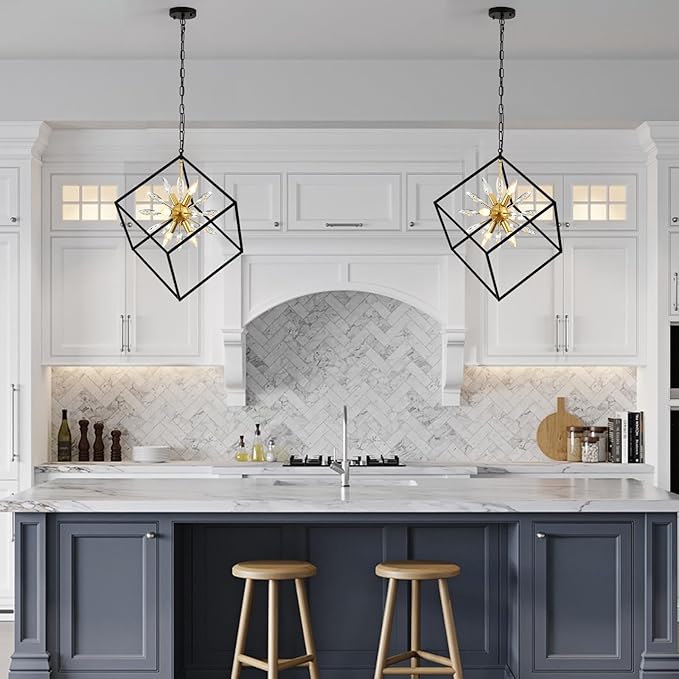 Farmhouse Chandelier,6-Lights Industrial Rustic Dining Room Pendant Light,Adjustable Hanging Candle Light Fixtures for Kitchen Island Living Room Foyer (Black/Gold/Crystal-6 Lights)