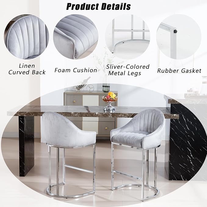 Bar Stools Set of 2, Simple Modern Style, with Velvet upholstered Back Sliver Metal Legs Footrest for Bar, Living Room, Side Chair of Kitchen Island (Grey)