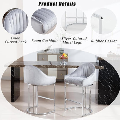 Bar Stools Set of 2, Simple Modern Style, with Velvet upholstered Back Sliver Metal Legs Footrest for Bar, Living Room, Side Chair of Kitchen Island (Grey)