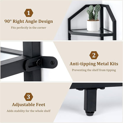 5-Tier Corner Shelf Stand, Black Corner Bookshelf, Bathroom Storage Rack Shelf, Plant Rack, Tempered Glass, Steel Frame, Modern Style for Living Room, Bathroom, Kitchen, Metallic Black