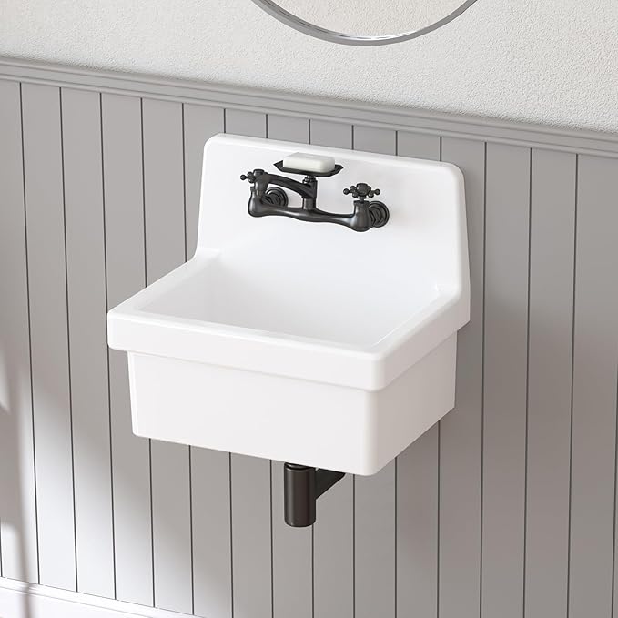 21 Inch Wall Mount Utility Sink, High Back Farmhouse Sink, White Ceramic Bathroom Sink Above Counter, Floating Porcelain Laundry Tub for Kitchen, Bathroom, Garage (21.3" x 16.2")