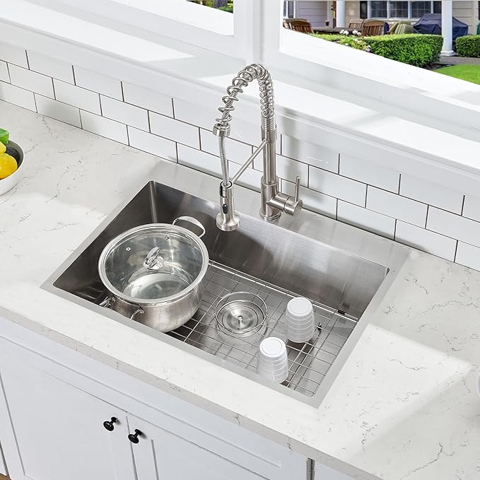 VCCUCINE 28x18 Inch Drop in Kitchen Sink 16 Gauge Top Mount Handmade T304 Brushed Nickel Kitchen Sink,Stainless Steel Single Bowl Workstation Topmount Overmount Sink with Strainer