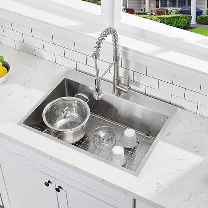 VCCUCINE 28x18 Inch Drop in Kitchen Sink 16 Gauge Top Mount Handmade T304 Brushed Nickel Kitchen Sink,Stainless Steel Single Bowl Workstation Topmount Overmount Sink with Strainer