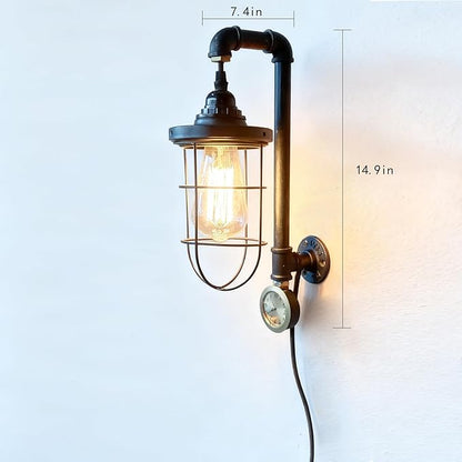 Steampunk Retro Industrial Wall Sconce, Dimmable Wall Mounted Plug in Light, Black Metal Cage Light Fixture with Clock, Vintage Style Sconce for Home, Office, Bedroom Bedside Lighting