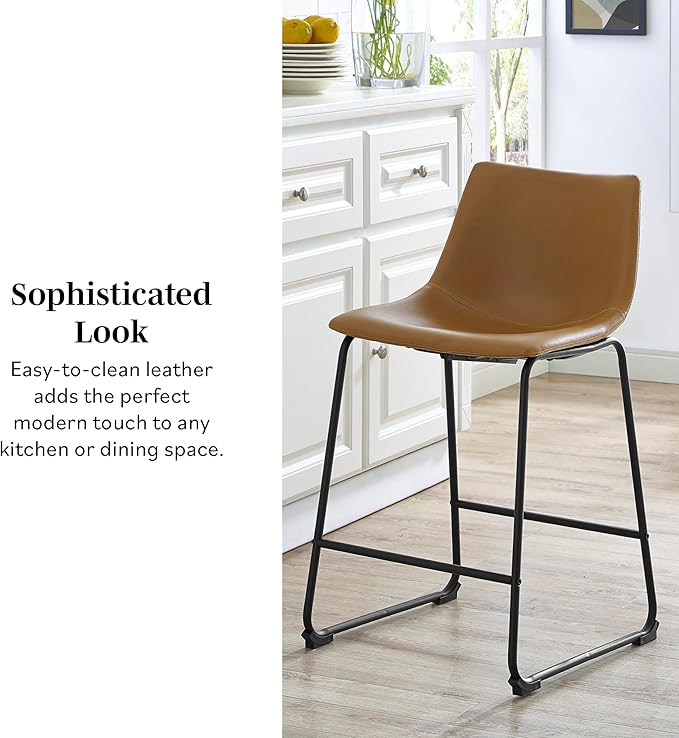 Walker Edison Douglas Urban Industrial Faux Leather Armless Counter Chairs, Set of 2, Whiskey Brown