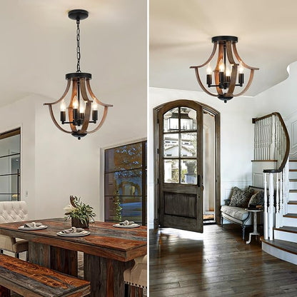 LAMPKEDUO Farmhouse Hanging Pendant Lighting, 4-Light Rustic Flush Mount Ceiling Light Fixture,Modern Faux Wood Vintage Chandelier for Dining Room Kitchen Island Foyer Hallway Entryway Bedroom