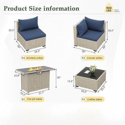 UDPATIO Patio Furniture Set with Fire Pit Table, 8 Pieces Outdoor Sectional Sofa, PE Wicker Patio Conversation Set for Garden, Backyard Blue