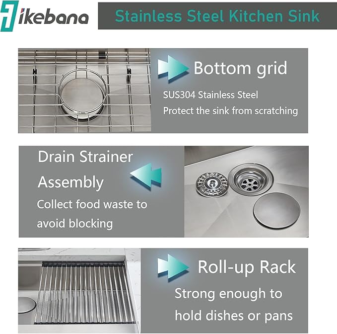 IKEBANA 33 x 20 Inch Farmhouse Kitchen Sink, 16 Gauge Stainless Steel Apron Front Workstation Undermount Single Bowl Sink with Accessories