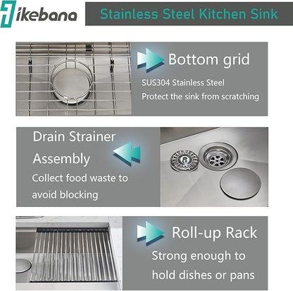 IKEBANA 33 x 20 Inch Farmhouse Kitchen Sink, 16 Gauge Stainless Steel Apron Front Workstation Undermount Single Bowl Sink with Accessories