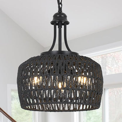 HMVPL Black Rattan Chandelier for Dining Room, 3-Light Boho Light Fixture with Woven Lampshade, Wicker Pendant Light Ceiling Hanging, Farmhouse Kitchen Chandelier for Bedroom Living Room Entryway