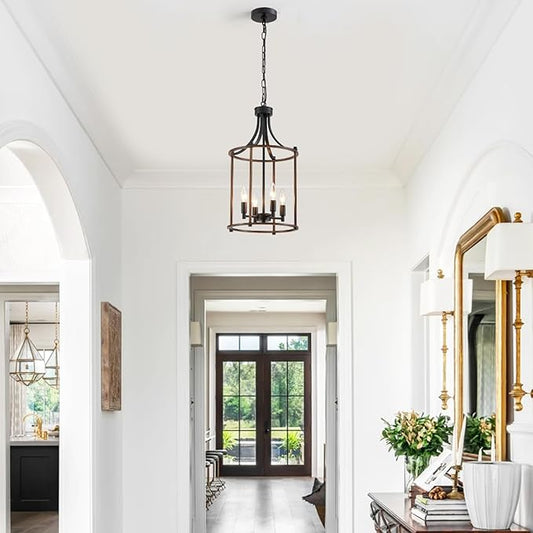 XINGQI Farmhouse Chandeliers for Dining Room,4 Light Hanging Lantern Black Wood Finish Pendant Lighting Fixture for Staircase Foyer Kitchen Island Dinning Room Living Room