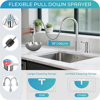 Pull Down Kitchen Faucet 2 Hole - Polished Chrome Single Handle Kitchen Faucets, High Arc Stainless Steel Pull Out Kitchen Sink Faucet for RV Laundry Farmhouse Bar