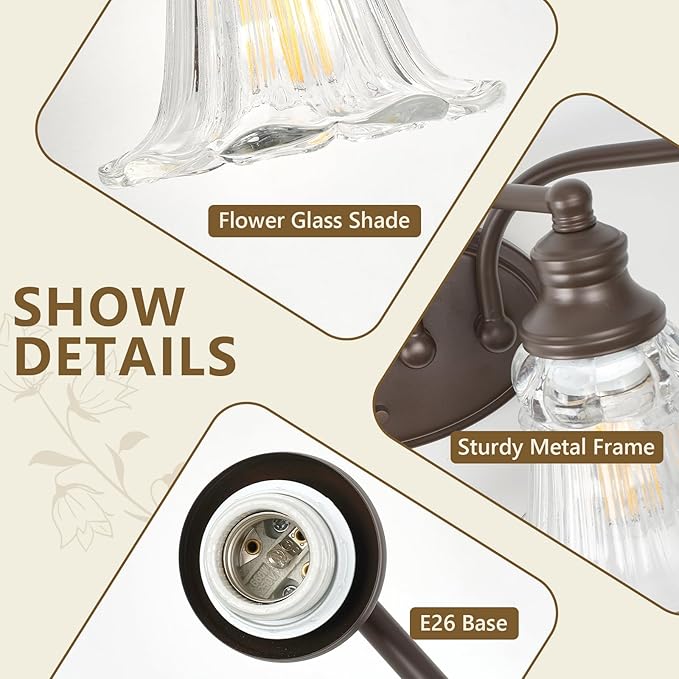 2-Light Bathroom Light Fixtures Over Mirror, Vintage Vanity Lights with Clear Floral Glass Shades, Oil Rubbed Bronze
