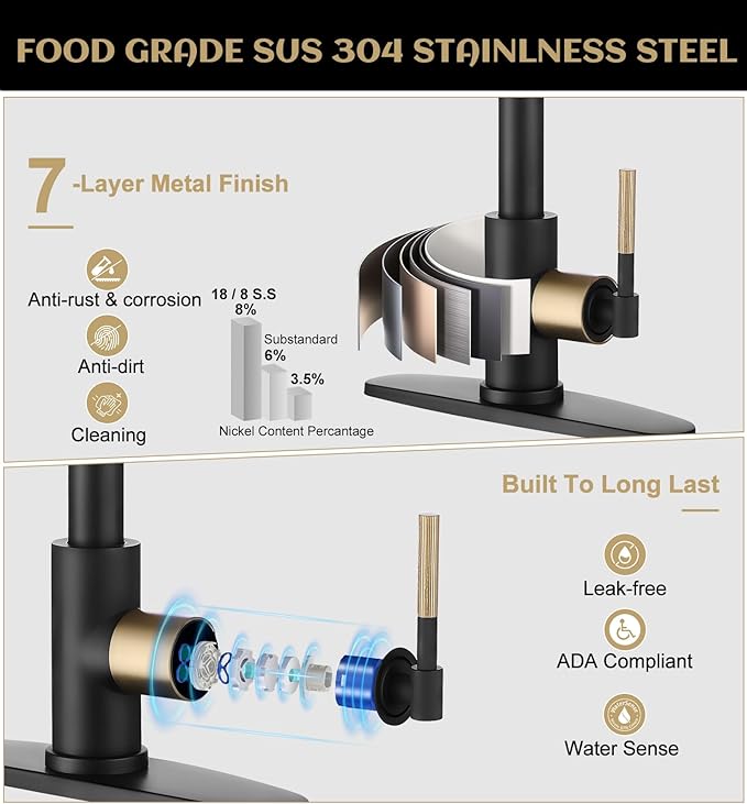 Kitchen Faucet with Pull Down Sprayer, 3 Spray Modes Metal Head, Stainless Steel Single Handle High Arc Kitchen Sink Faucet, for Farm,Bar, Fit for 1 or 3 Hole, Black and Gold