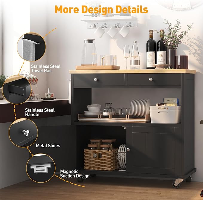 knoworld Rolling Kitchen Island with Storage Cabinet, 35.4'' Width Kitchen Cart, 2 Drawers Island Table, Portable Mobile Kitchen Island with Towel Rack, Wood Top and Lockable Wheels, Black