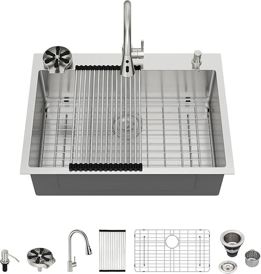 30x22 Drop in Kitchen Sink with Faucet Soap dispenser 30 Inch Stainless Steel Sinks Topmount 16 Guage 304 Single Bowl 9'' Deep Sinks with Cup Washer LMT30229-F