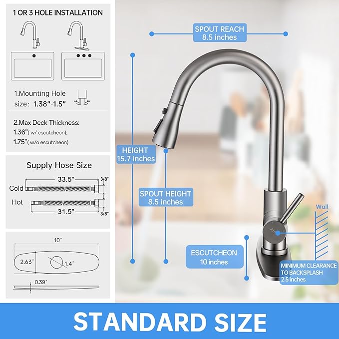 Black Stainless Kitchen Faucet, Arofa Gray Kitchen Faucet with Pull Down Sprayer Single Handle One Hole 3 Hole Commercial Rv Faucet for Kitchen Sink Gun Black