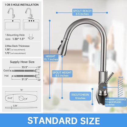 Black Stainless Kitchen Faucet, Arofa Gray Kitchen Faucet with Pull Down Sprayer Single Handle One Hole 3 Hole Commercial Rv Faucet for Kitchen Sink Gun Black