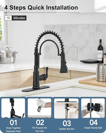 3-Function Kitchen Faucets with Pull Down Sprayer, 1 Hole or 3 Hole Kitchen Faucet Black, 1 Handle Kitchen Sink Faucets, 360 Degree Swivel Stainless Steel Faucet for Kitchen Sink with Deck Plate