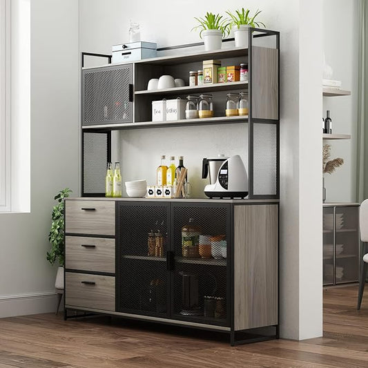 ECACAD Modern Wood Sideboard Buffet Storage Cabinet with Hutch, 3 Metal Mesh Doors, 3 Drawers & 5 Compartments, Kitchen Pantry Cupboard Console Table for Living Room, Dining Room, Walnut