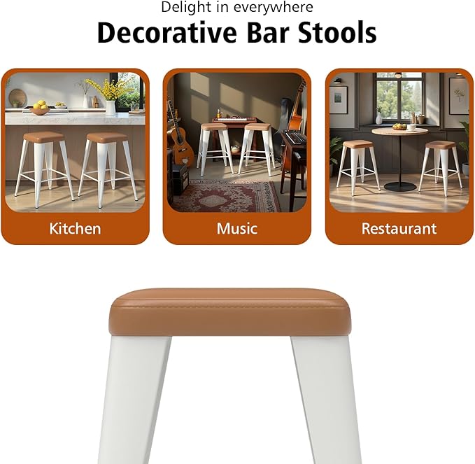 Backless Bar Stools Set of 4, Upholstered Faux Leather Counter Height Stools with Sturdy Metal Legs, 26 Inch Barstools for Kitchen Island (Brown)