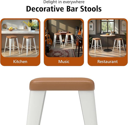 Backless Bar Stools Set of 4, Upholstered Faux Leather Counter Height Stools with Sturdy Metal Legs, 26 Inch Barstools for Kitchen Island (Brown)