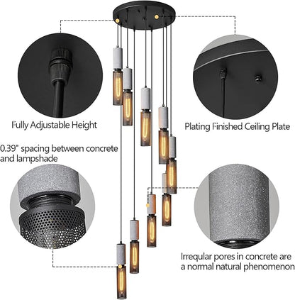 9-Light Concrete Linear Black Pendant Light with a Metal Mesh Shade,Staircase Large Chandelier Lobby Living Room Bedroom Foyer High Ceiling Chandelier