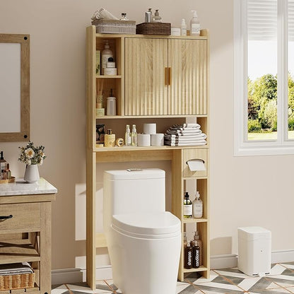 knoworld Fluted Over The Toilet Storage Cabinet, Above Toilet Bathroom Organizer with Toilet Paper Holder, Modern Behind Toilet Cabinet, Space Saver for Restroom, Bathroom, Laundry, Natural Oak