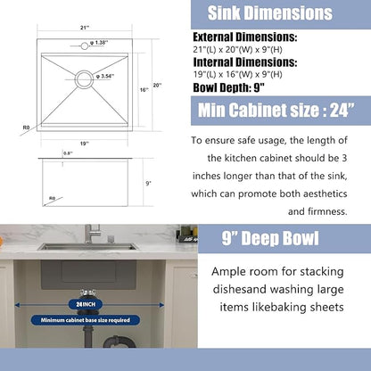 21x20 Inch Black Kitchen Sink, Drop In Bar Sink Black, Stainless Steel Square Small Topmount Workstation Sinks, Single Bowl Kitchen Sinks for Laundry Office Wet Bar Prep RV Outdoor Yard