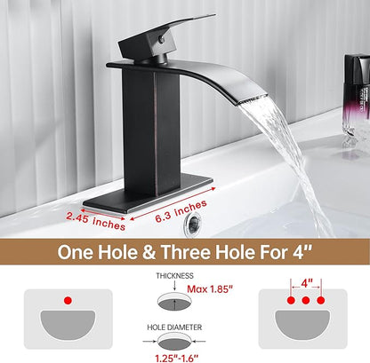 Fransiton Oil Rubbed Bronze Waterfall Bathroom Faucet Lavatory Single Handle 1 or 3 Hole Bathroom Sink Faucet Washbasin Faucet with Deck and Pop-up Drain (Short, Oil Rubbed Bronze)