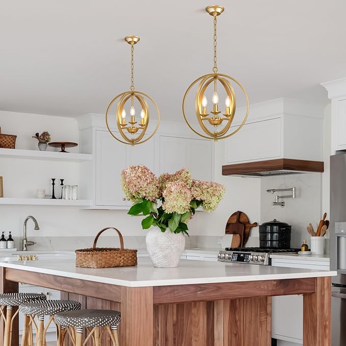 3-Light Modern Gold Pendant Lights, Farmhouse Dining Room Light Fixtures Industrial Chandelier, Metal Geometric Kitchen Island for Entryway Hallway Foyer Bedroom