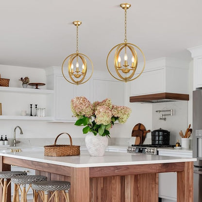 3-Light Modern Gold Pendant Lights, Farmhouse Dining Room Light Fixtures Industrial Chandelier, Metal Geometric Kitchen Island for Entryway Hallway Foyer Bedroom