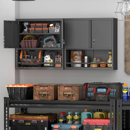 IRONFFICE Garage Storage Cabinets,Metal Wall Cabinet with Doors and Shelves,Locking Storage Cabinet for Workshop,Warehouse,Home Office,Black