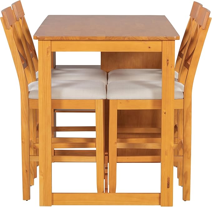 VilroCaz Farmhouse 5-Piece Counter Height Dining Table Set, 2-Tone Rectangular Dining Table with 3-Tier Storage Shelves and Upholstered Dining Chairs, Solid Wood Kitchen Dining Room Set for 4