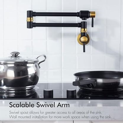 BAGNOLUX Pot Filler Faucet Over Stove, Traditional Pot Filler Wall Mount Commercial Solid Brass Kitchen Faucet, Pot Filler Folding Faucet with Double Joint Swing Arm 23.4 inch, Black and Gold