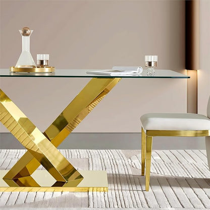 Modern 70" Gold Glass Dining Table for 6-8,Luxury Rectangular Kitchen Table with Clear Glass Desktop and Golden Mirrored Stainless Steel Legs,Large Kitchen Table for Dining Room Office(Only Table)