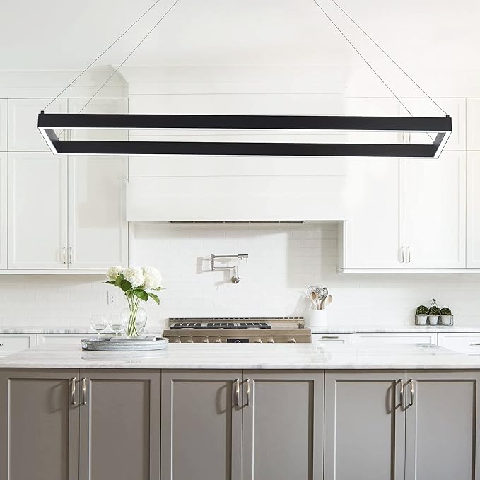 Modern Led Chandelier Linear Rectangle Chandelier Modern Led Pendant Light Kitchen Island Lighting Fixture 6000K Dimmable 39.4” Contemporary Hanging Light for Dining Room Living Room Black