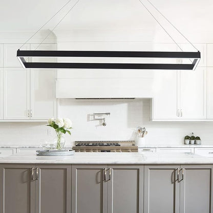 Modern Led Chandelier Linear Rectangle Chandelier Modern Led Pendant Light Kitchen Island Lighting Fixture 6000K Dimmable 39.4” Contemporary Hanging Light for Dining Room Living Room Black