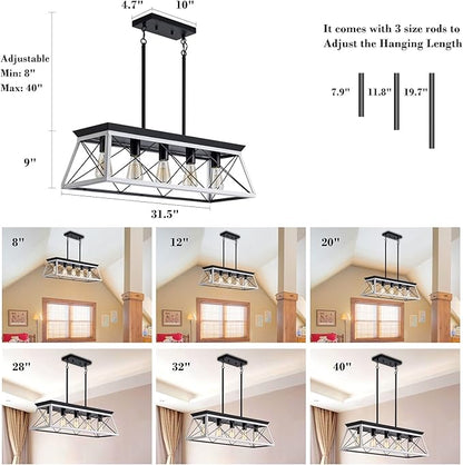 5-Light Pendant Lights Fixture, Farmhouse Chandeliers for Dining Room, Rustic Island Lights for Kitchen, Rectangular Chandelier Rustic Farmhouse Light Fxiture