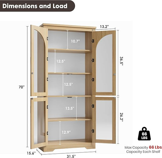 Garvee 70" Tall Kitchen Pantry Cabinet - Modern Display Cabinet with 4 Arched Glass Doors and Adjustable Shelves, Versatile Cupboard Organizers for Kitchen, Dining Room, Living Room, Bathroom, Natural