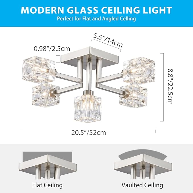 XINGQI Modern Sputnik Chandeliers Brushed Nickel Semi Flush Mount Ceiling Light Fixture 5-Light for Dining Room Living Room Kitchen Bedroom Entryway