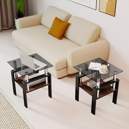 Set of 2 Glass End Table, 2-Layer Glass Living Room Table, Modern Tea Table Side Tables for Home Office Furniture